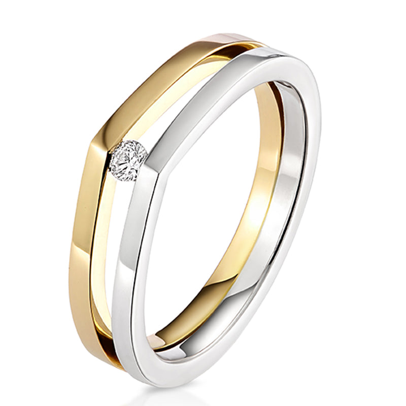 Modern and contemporary 18ct yellow gold and silver raindrop ring set with a round brilliant cut diamond 